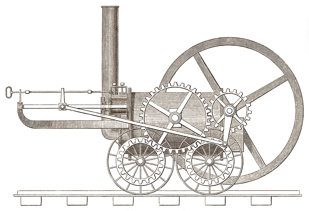 Schemat lokomotywy parowej skonstruowanej przez Richarda Trevithicka - 1803 r. 